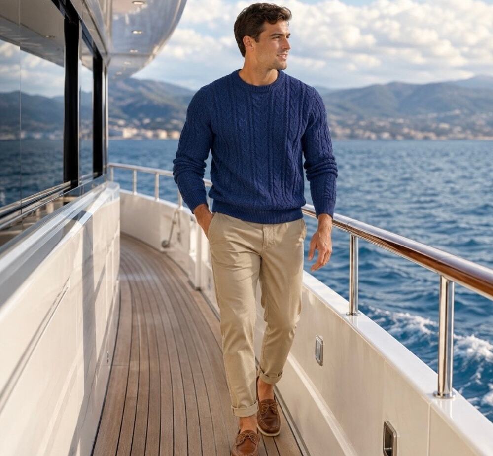 Peregrine Mens Hudson Aran Sweater Large Pure New Wool Fisherman Nautical Blue